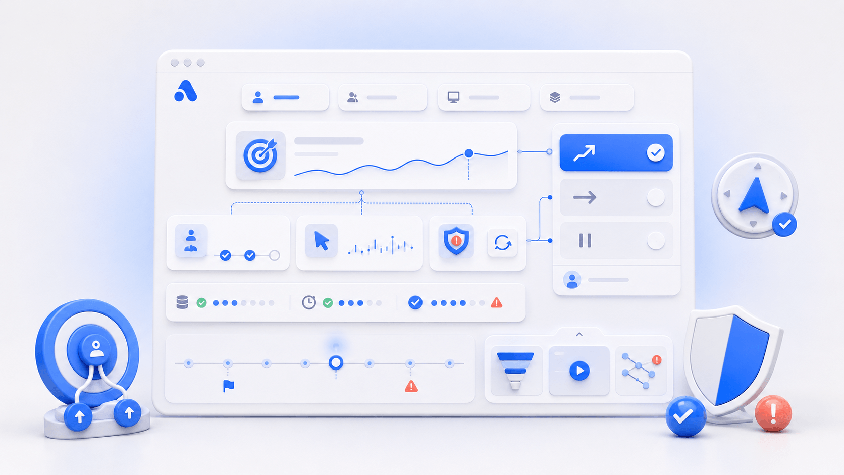 داشبورد Product Analytics؛ یک داشبورد تمیز با چهار کارت نتیجه، محرک، نگهبان و سلامت که مسیر نگاه را از راست به چپ هدایت میکند